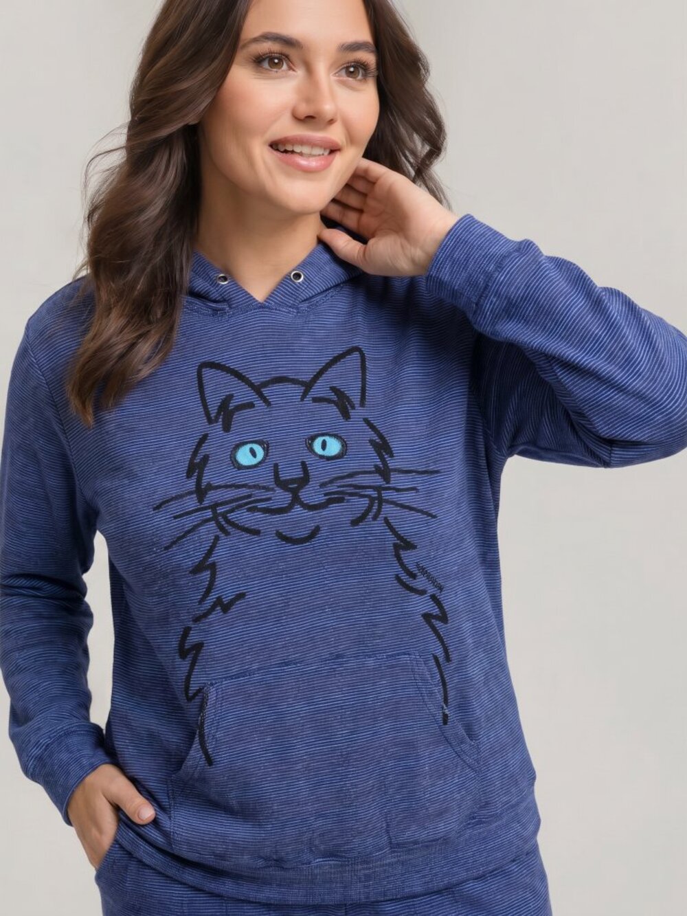 Marushka Striped Bright Eye Cat Wearable Art Hoodie